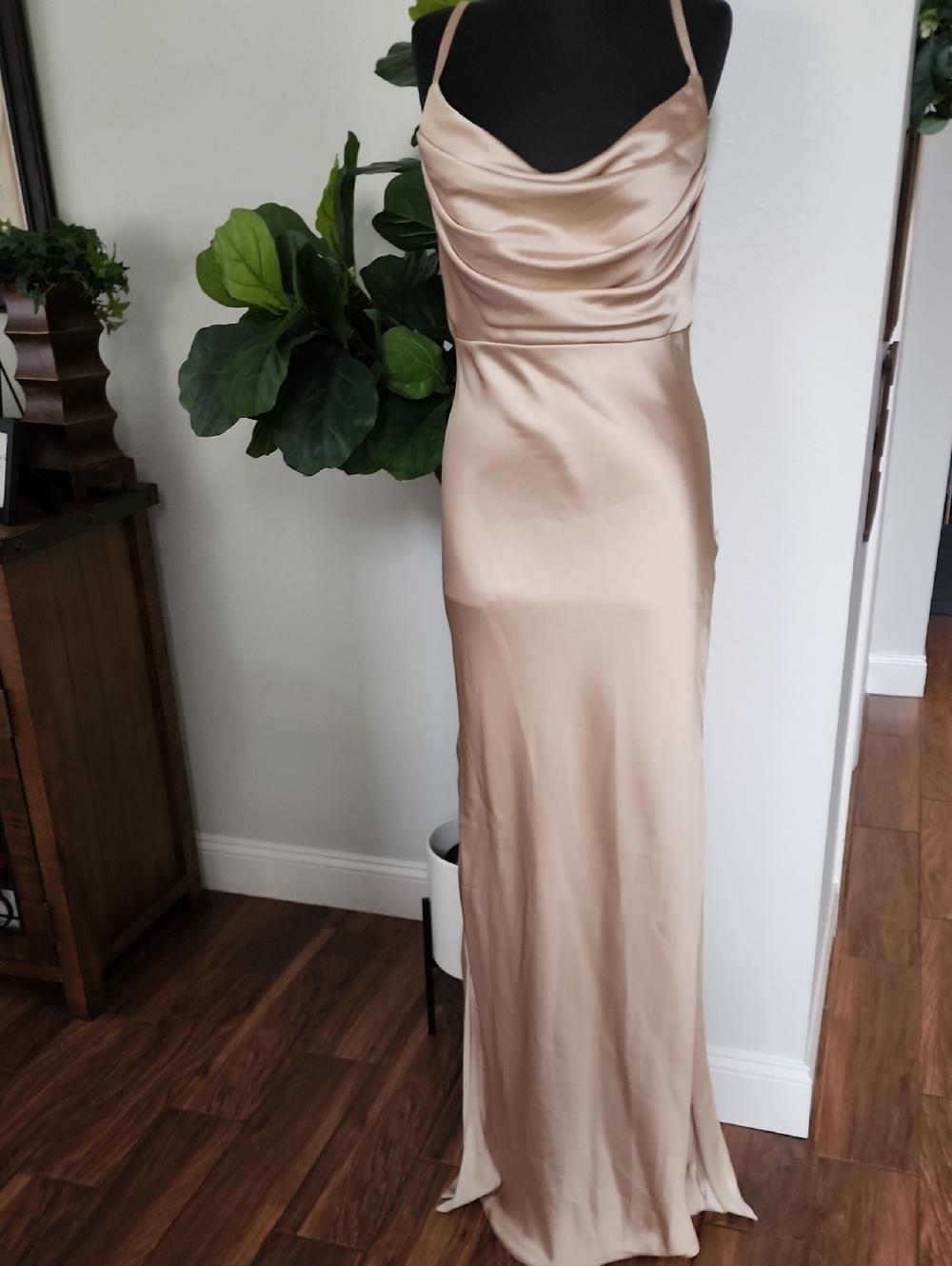 Revelry Champagne Satin Cowl Neck Spaghetti Strap Maxi Dress